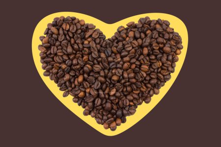 Photo for A pile of coffee beans in the shape of a heart on a brown background. Top view - Royalty Free Image
