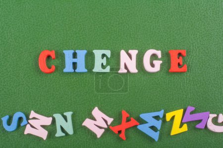 word on green background composed from colorful abc alphabet block wooden letters, copy space for ad text. Learning english concept.