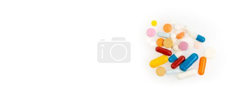 Photo for Set of different colorful pills and capsules isolated on white background - Royalty Free Image