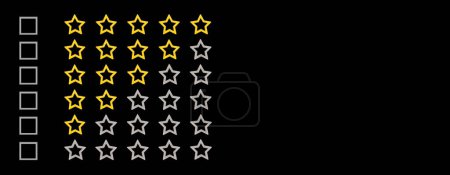 Foto de Oro, forma de cinco estrellas grises sobre un fondo negro. Clasificación estrellas con garrapata. Evaluación de retroalimentación. Calidad de rango. Casillas de verificación - Imagen libre de derechos