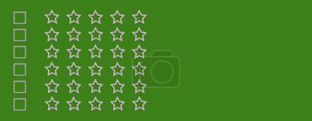 Goldene, graue Fünf-Sterne-Formen auf grünem Hintergrund. Bewerten Sie Sterne mit Zecken. Feedbackbewertung. Rangqualität. Kontrollkästchen