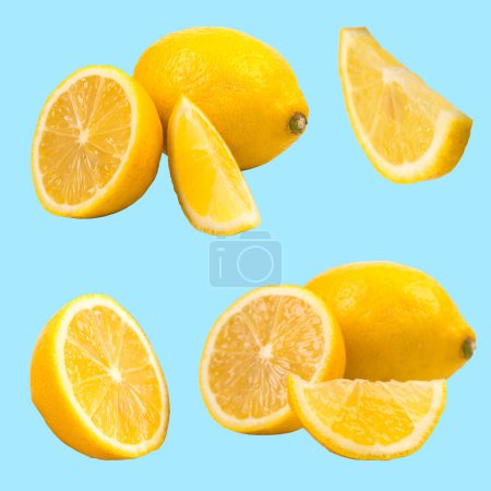 Set aus frischem Ganzen und geschnittenen Zitronen und Scheiben isoliert auf blauem Hintergrund. Von oben betrachtet
