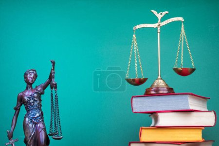 Rechtskonzept - Offenes Gesetzbuch, Richtergabel, Waage, Themis Statue auf dem Tisch im Gerichtssaal oder in der Strafverfolgungsbehörde. Holztisch, grüner Hintergrund.