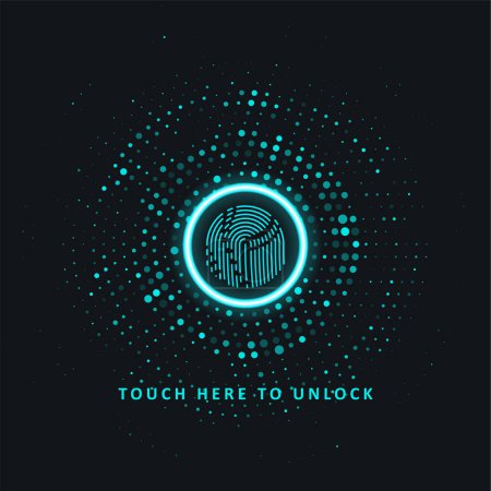 Cyber security by dint of fingerprint scanning. Abstract technology background. Touch here to unlock. Graphic concept for your design