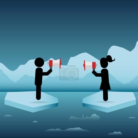 Ilustración de Hombre y mujer de pie en el témpano de hielo y gritando en megáfono el uno al otro - Imagen libre de derechos