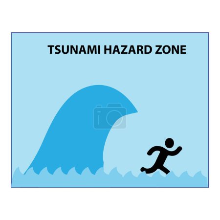 Téléchargez les illustrations : Panneau de zone de risque de tsunami avec grosse vague et une personne courant - en licence libre de droit