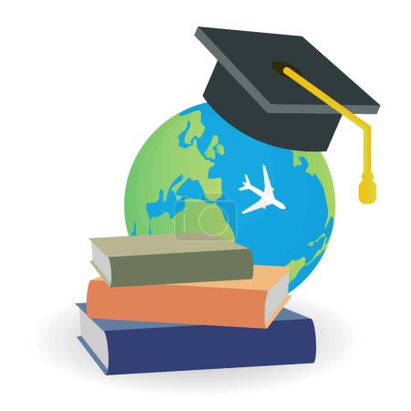 Illustration for Planet earth globe with books, plane and a graduation cap, study abroad concept - Royalty Free Image