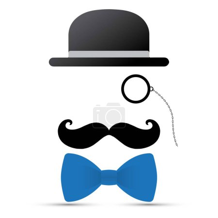Moustache noire, monocle, chapeau et noeud papillon bleu sur fond blanc