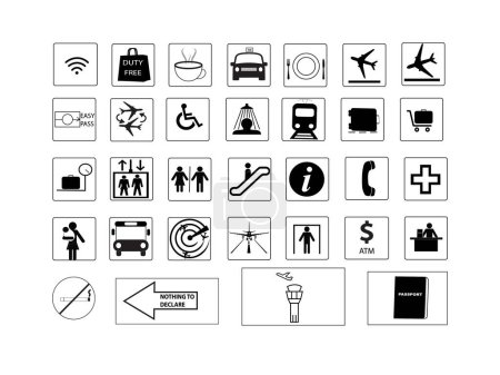 Téléchargez les illustrations : Ensemble de trente-deux panneaux et symboles d'aéroport - en licence libre de droit