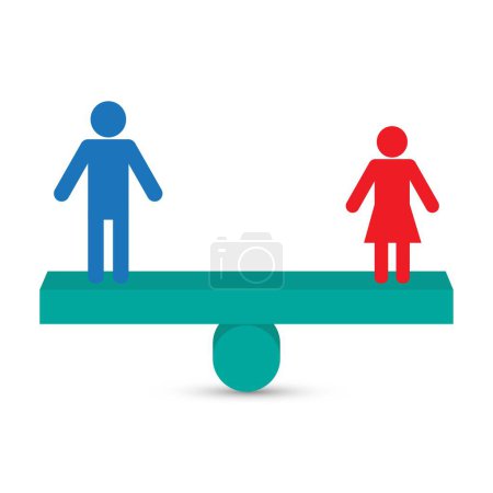 Illustration for Man and woman stading on a see saw in balance - Royalty Free Image