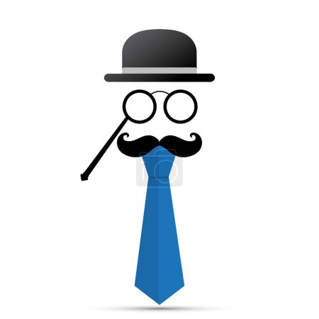 Black mustache, lorgnette, hat and blue tie on white background