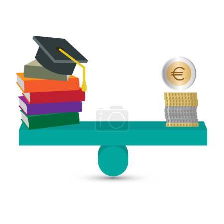 Illustration for Graduation cap, books and money on a balanced see saw - Royalty Free Image
