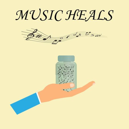 Téléchargez les illustrations : Flacon de médicaments à main avec notes musicales avec le texte la musique guérit - en licence libre de droit
