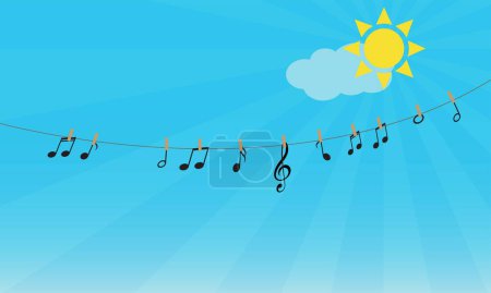 Ilustración de Notas musicales y clave de agudos colgando de una cuerda contra el cielo azul - Imagen libre de derechos