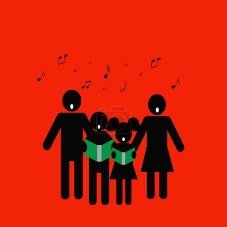 Siluetas de adultos y niños cantando sobre fondo rojo