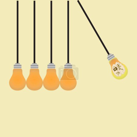 Illustration for Hanging light bulbs in perpetual motion one of them with ai symbol on it - Royalty Free Image