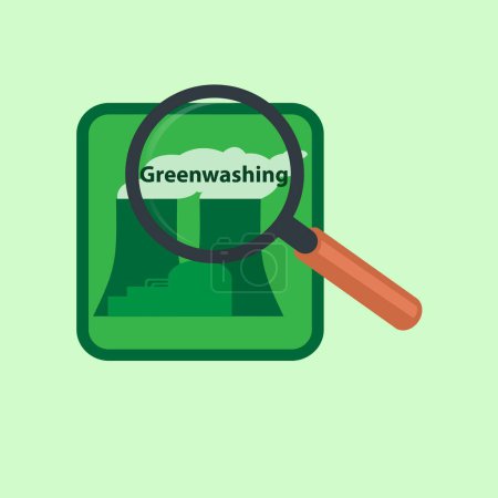 Illustration for Magnifying glass on the text Greenwashing written on the smoke of a power station - Royalty Free Image