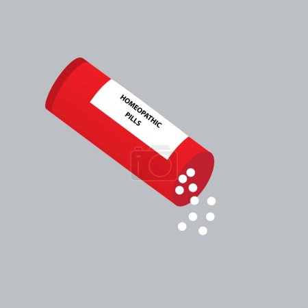 Illustration for Red plastic container with homeopathic white globules scattered out - Royalty Free Image