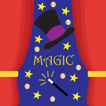 Illustration for Magicians top hat and magic wand with stars, magic show concept - Royalty Free Image