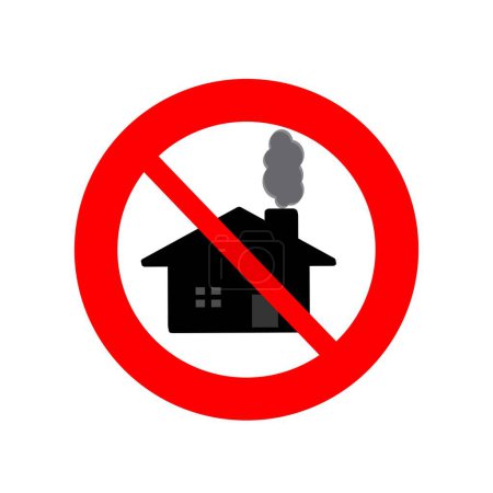 Téléchargez les illustrations : Panneau d'interdiction sur une maison avec fumée provenant de la cheminée, concept de zones de contrôle de la fumée - en licence libre de droit