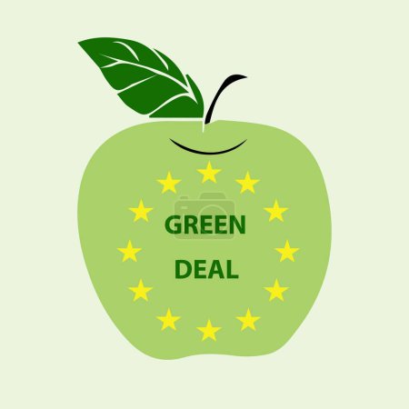 Ilustración de Apple con el texto Green Deal sobre él y las estrellas de oro de la Unión Europea - Imagen libre de derechos
