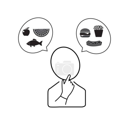 Téléchargez les illustrations : Caractère d'une personne avec deux bulles d'expression : l'une avec restauration rapide, l'autre avec des aliments sains - en licence libre de droit