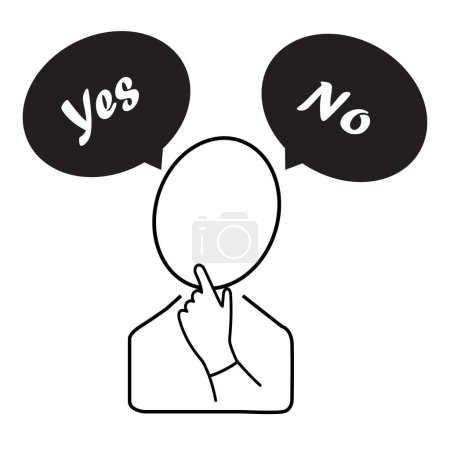 Illustration for Character of a person with two speech bubbles: one with the word yes and the other with the word no - Royalty Free Image