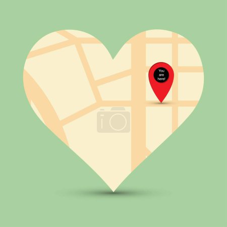 Illustration for City map in heart shape with a pointer pin up and the text you are here - Royalty Free Image