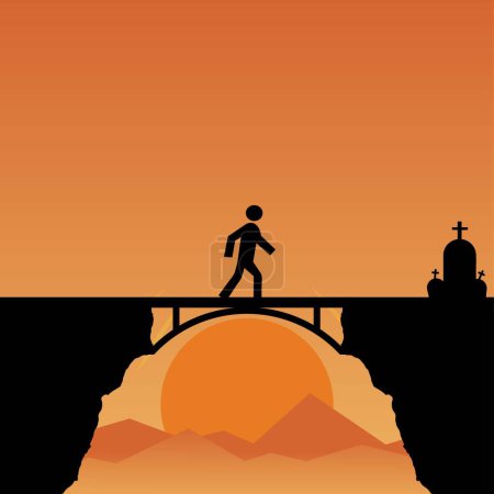 Illustration for Silhouette of a man crossing a bridge towards a graveyard - Royalty Free Image