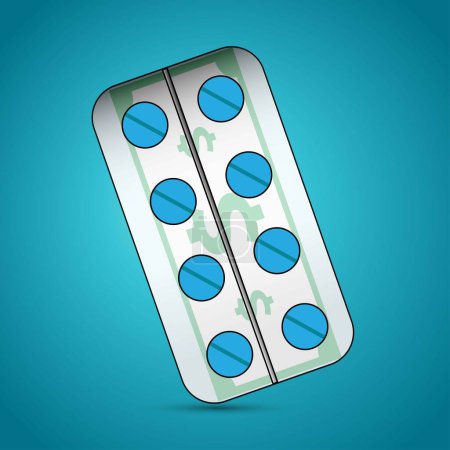 Illustration for Blisters with blue pills and with dollar banknote symbol - Royalty Free Image