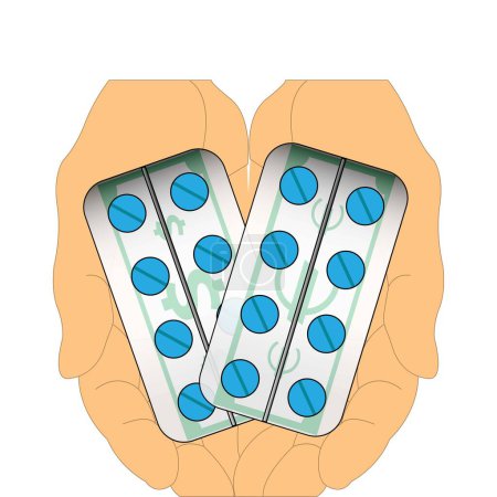 Illustration for Hands holding two blisters with blue pills and with euro and dollar banknote symbol - Royalty Free Image