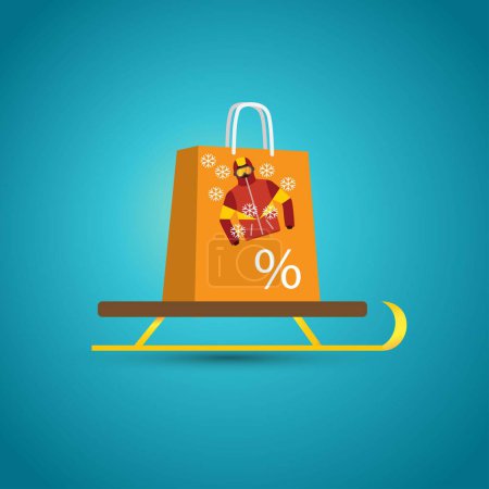 Illustration for Sled with shopping bag having a ski jacket on it and sale symbol, winter sale concept - Royalty Free Image