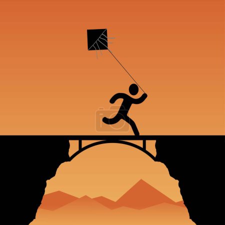Illustration for Silhouette of a person flying a kite and running on the bridge - Royalty Free Image