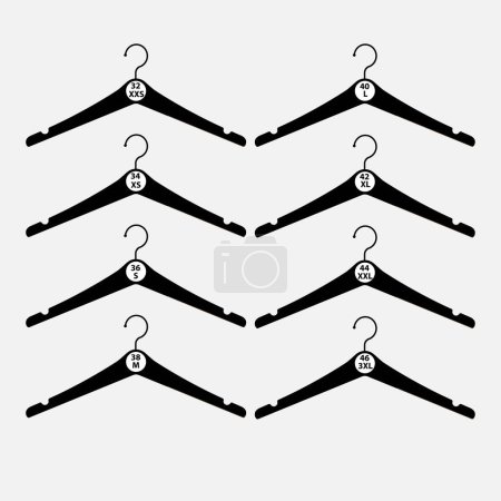 Silhouettes de huit cintres avec tailles de vêtements UE