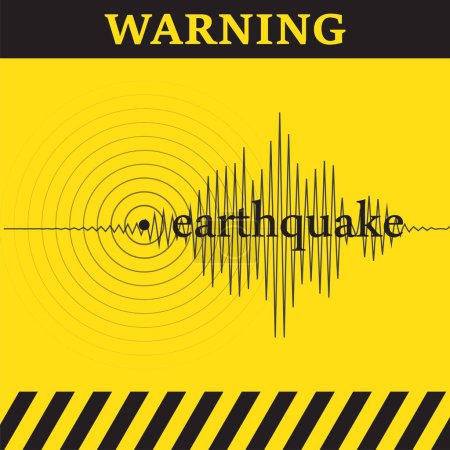 Ilustración de Símbolo de advertencia sobre fondo amarillo con ondas sismógrafas y terremotos de texto - Imagen libre de derechos