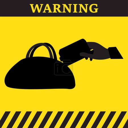 Warning symbol on yellow background with silhouette of a bag and a hand stealing a wallet