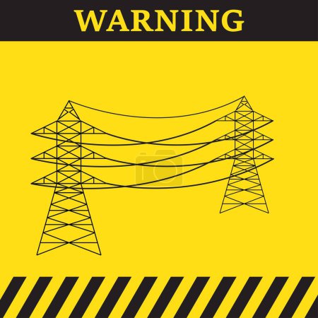 Illustration for Warning symbol on yellow background with power lines and electric pylons - Royalty Free Image