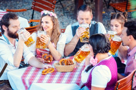 Téléchargez les photos : Groupe de femmes et d'hommes en Bavière Jardin de bière buvant des verres - en image libre de droit