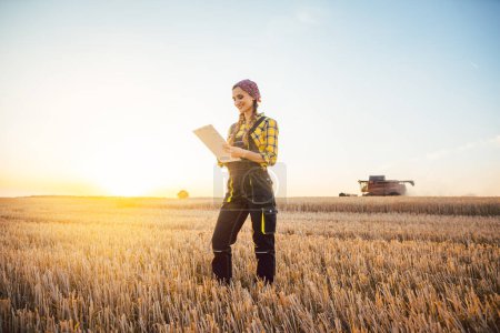 Téléchargez les photos : Femme agricultrice et moissonneuse-batteuse sur champ de blé au coucher du soleil - en image libre de droit