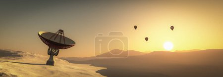 Foto de Un atardecer sereno en el desierto, donde la tecnología se encuentra con la tranquilidad mientras los globos flotan en un plato solitario - Imagen libre de derechos