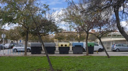 Photo for Color-coded recycling bins promote environmental responsibility in an urban setting, nestled among city trees in majorca - Royalty Free Image