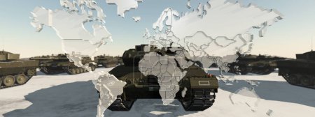 Foto de Una imagen estimulante de los tanques con un mapa mundial que se desintegra digitalmente. - Imagen libre de derechos