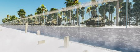 Téléchargez les photos : Une juxtaposition surréaliste capture des véhicules blindés militaires garés sereinement à l'ombre des palmiers tropicaux, le tout enfermé derrière une clôture en fil de fer barbelé - en image libre de droit