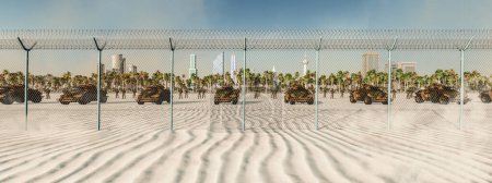 A panoramic view capturing the juxtaposition of a lush cityscape with palm trees, confined behind a stark fence on desert sands