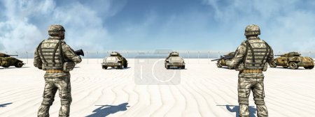 Two soldiers in camouflage stand guard over a convoy of military vehicles against a serene desert backdrop.