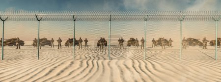 Photo for A group of soldiers with armored vehicles stand ready in a vast desert, enclosed by a barbed wire fence - Royalty Free Image