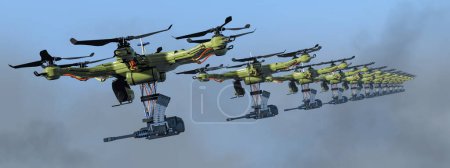 A fleet of drone-like aircraft with mounted equipment soar in formation, a glimpse into futuristic warfare