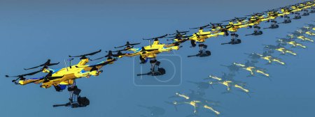 A fleet of strikingly painted drones flies in a precise formation against a clear blue sky, showcasing advanced monitoring capabilities