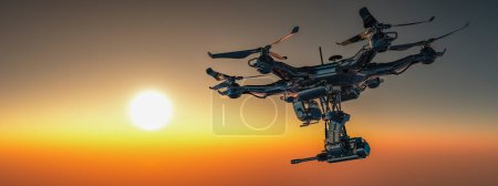 Téléchargez les photos : Un drone complexe silhouette contre les teintes chaudes d'un soleil couchant, symbolisant l'intersection de la technologie et de la tranquillité - en image libre de droit