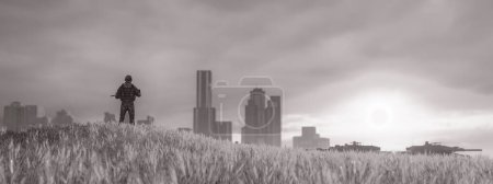 A black and white image of a soldier standing in a field with a distant city skyline under a subdued sky